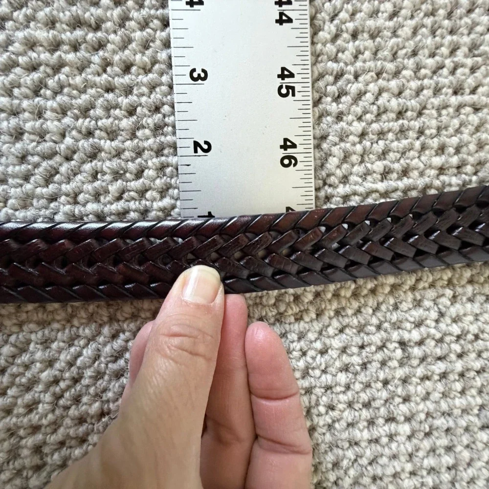 Mens Dark Brown Woven Braided Leather Belt Silver Buckle Metal Tip Size 40